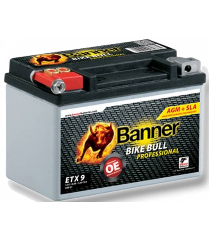 LevneMoto - Motobaterie 12V, ETX 9, 8Ah, 120A, BANNER BIKE BULL  AGM PRO 150x88x106