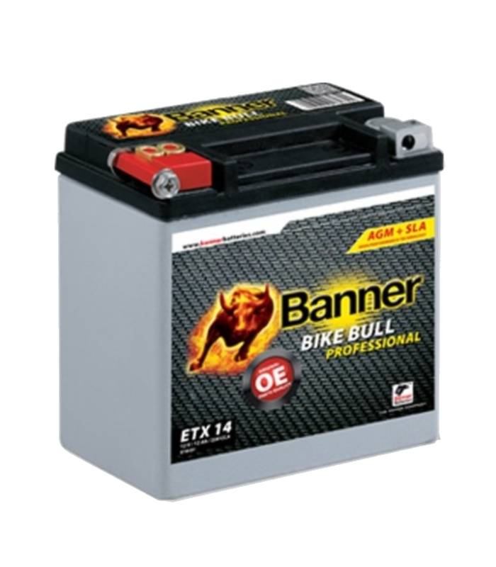 LevneMoto - Motobaterie 12V, ETX 14, 12Ah, 220A, BANNER BIKE BULL  AGM PRO 150x88x145