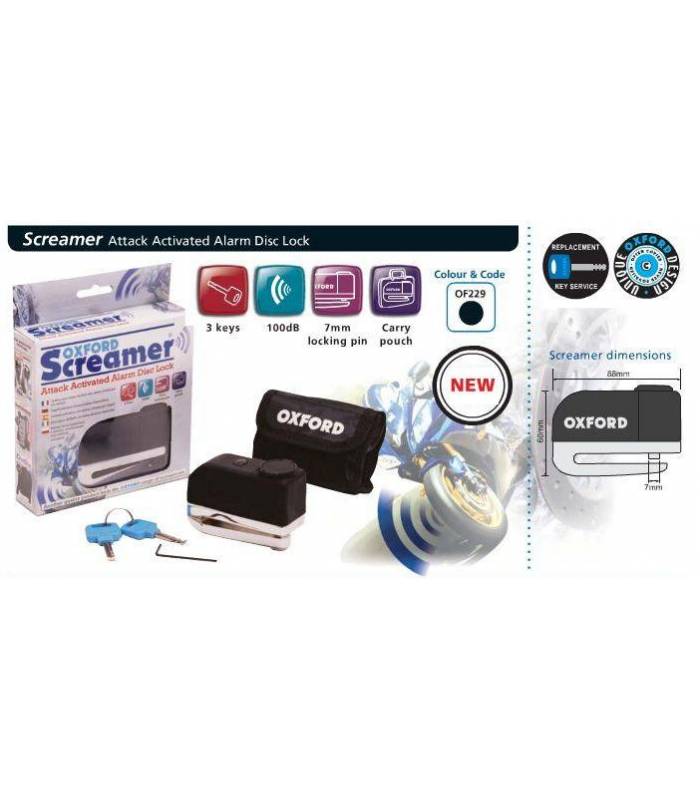 LevneMoto - Zámek kotoučové brzdy Screamer, OXFORD - Anglie (integrovaný alarm, chromový)