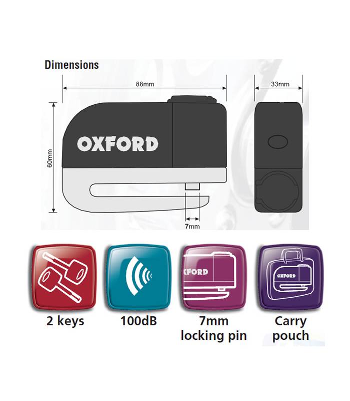 LevneMoto - Zámek kotoučové brzdy Screamer, OXFORD - Anglie (integrovaný alarm, chromový)