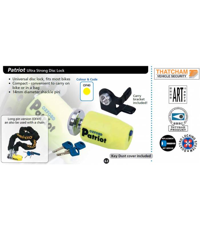 LevneMoto - Zámek kotoučové brzdy Patriot, OXFORD - Anglie (průměr čepu 14mm, žlutý)