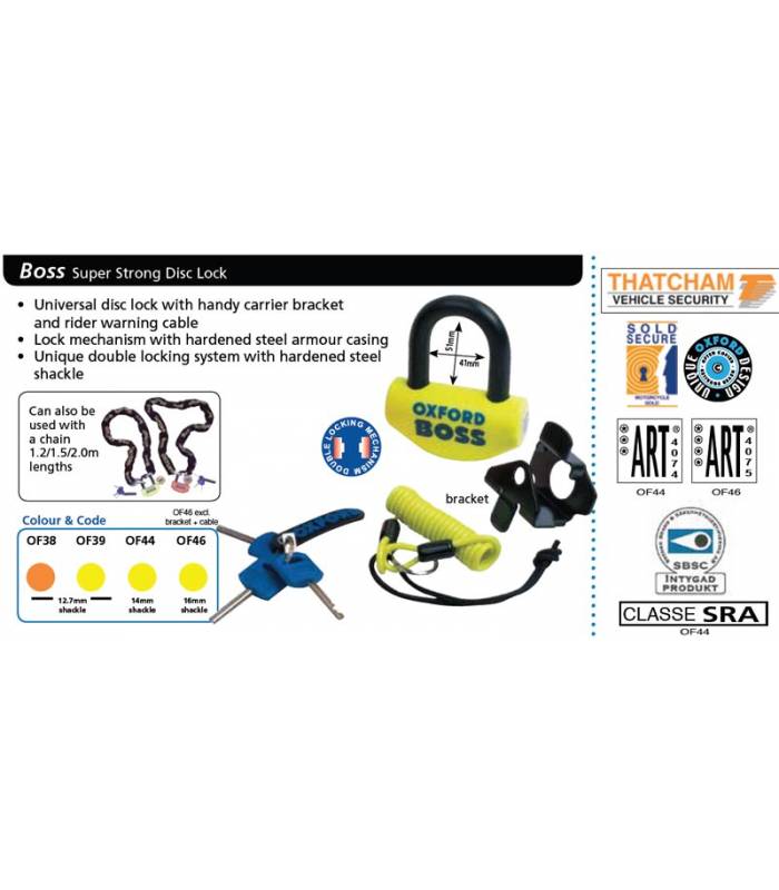 LevneMoto - Zámek kotoučové brzdy Boss Alarm, OXFORD - Anglie (integrovaný alarm, průměr čep