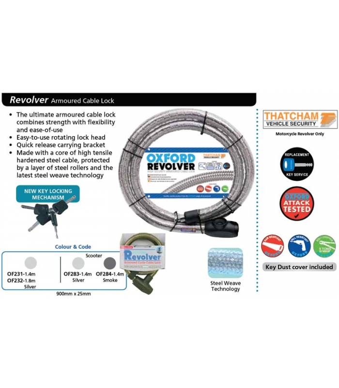 LevneMoto - Zámek na motocykl Revolver, OXFORD - Anglie (stříbrný, délka 1,8m)
