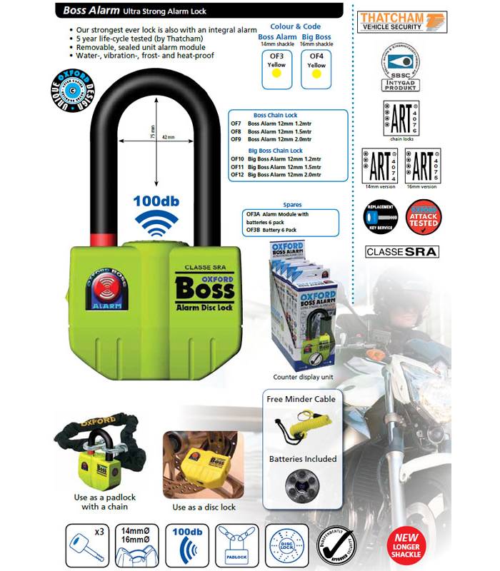 LevneMoto - Zámek kotoučové brzdy Big Boss Alarm, OXFORD - Anglie (integrovaný alarm, průměr