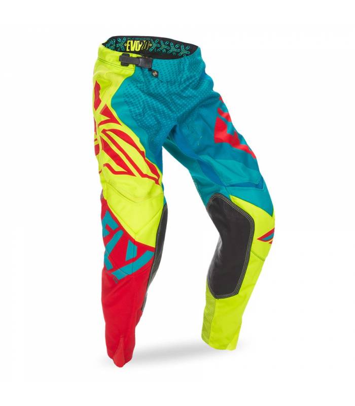 LevneMoto - Kalhoty EVO, FLY RACING - USA (modrozelená/Hi-vis/červená)