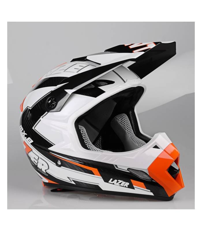 LevneMoto - Přilba MX8 Geotech Pure Carbon, LAZER - Belgie (carbon/bílá/oranžová)