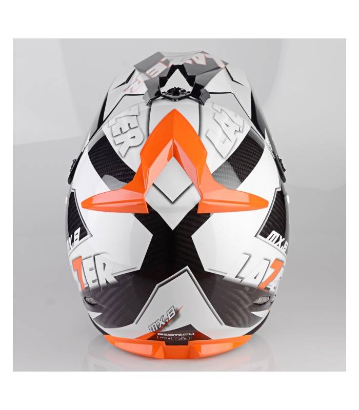 LevneMoto - Přilba MX8 Geotech Pure Carbon, LAZER - Belgie (carbon/bílá/oranžová)
