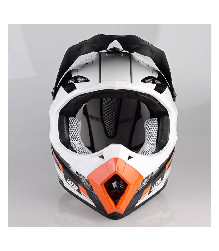 LevneMoto - Přilba MX8 Geotech Pure Carbon, LAZER - Belgie (carbon/bílá/oranžová)