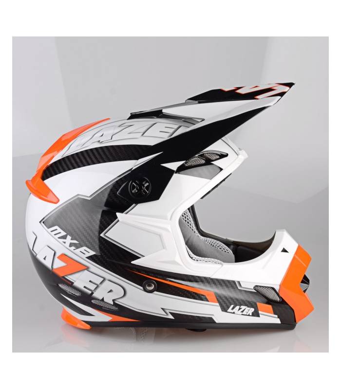LevneMoto - Přilba MX8 Geotech Pure Carbon, LAZER - Belgie (carbon/bílá/oranžová)